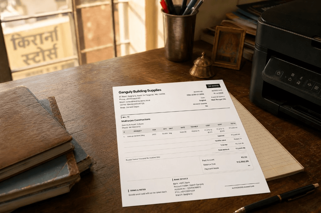 Printed MaterialOS A4 tax invoice for Ganguly Building Supplies on a desk beside a colour printer