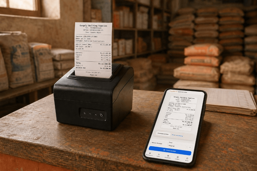 Thermal printer and phone on a shop counter showing a MaterialOS 80mm receipt print for Ganguly Building Supplies
