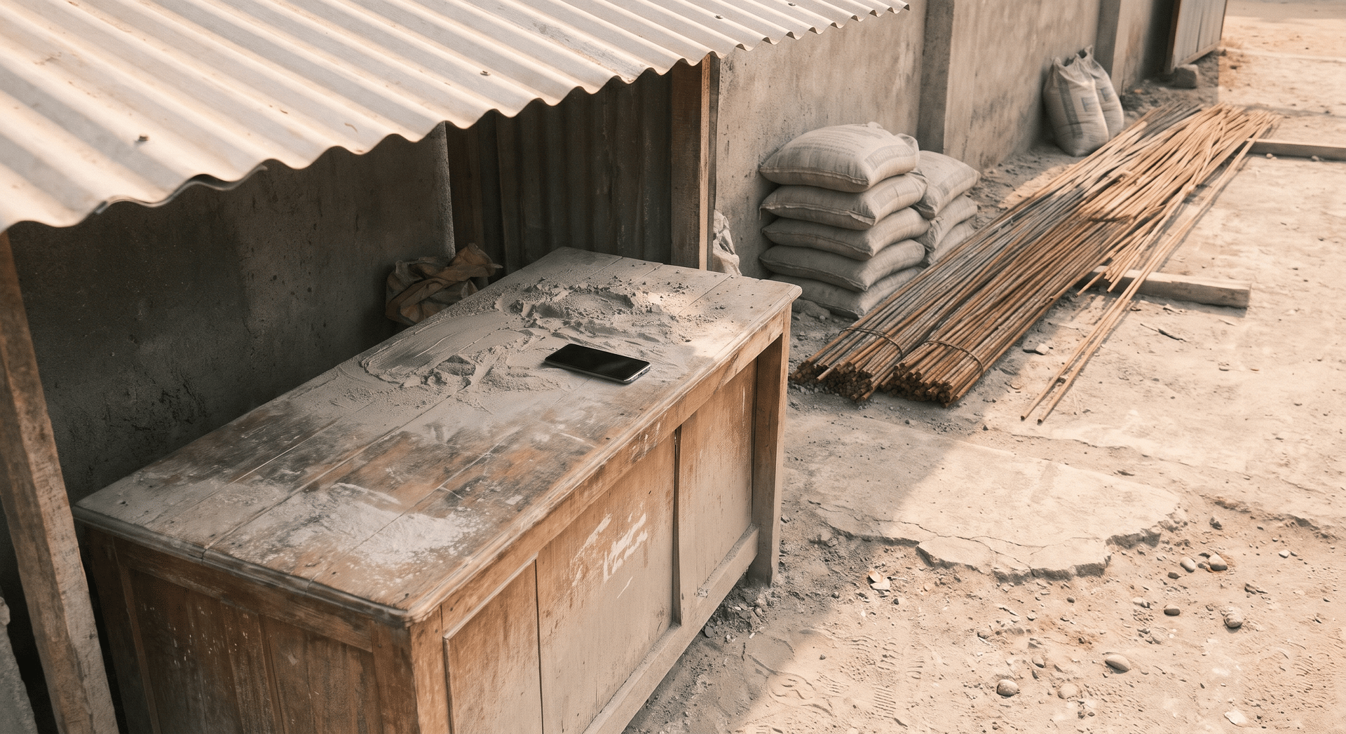 Dusty wooden counter in an Indian building-materials yard with cement bags, steel rods, and a phone resting on the surface
