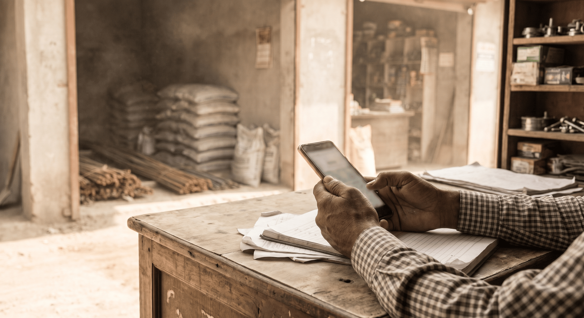 Staff at a building-materials counter holding a phone over an open paper ledger, screen soft and unreadably out of focus