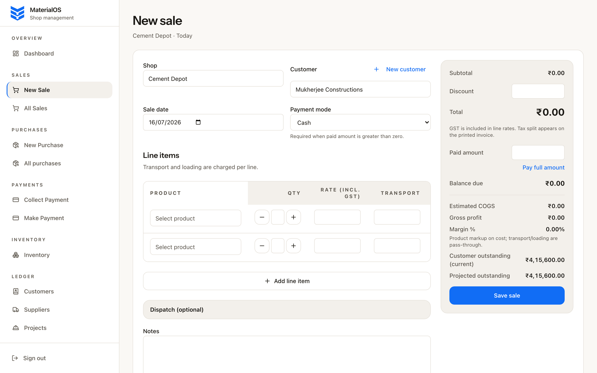 Owner new-sale screen with financial strip and customer credit pressure visible