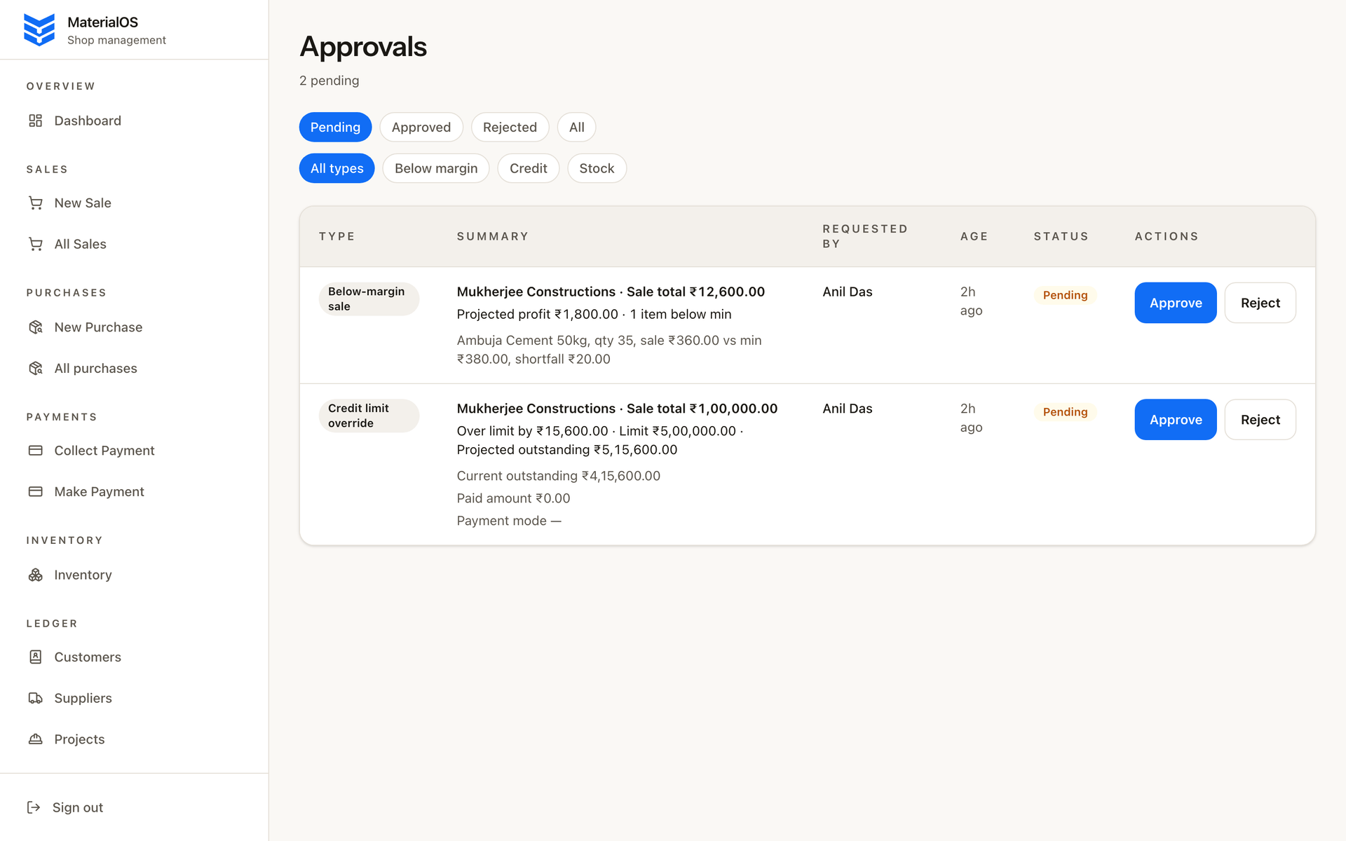 Approvals queue for below-margin sales and credit-limit overrides
