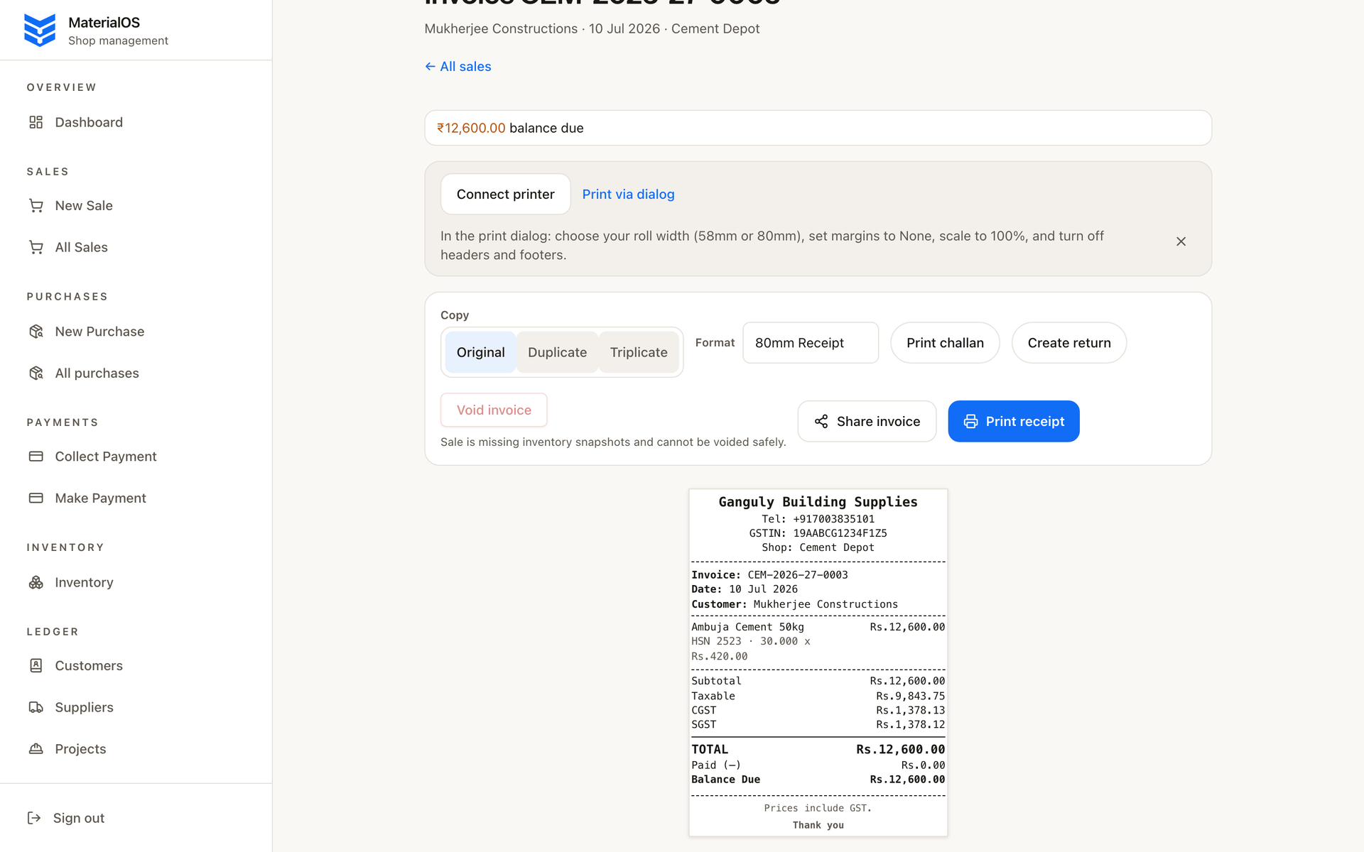 Invoice print screen showing 80mm thermal receipt preview from MaterialOS