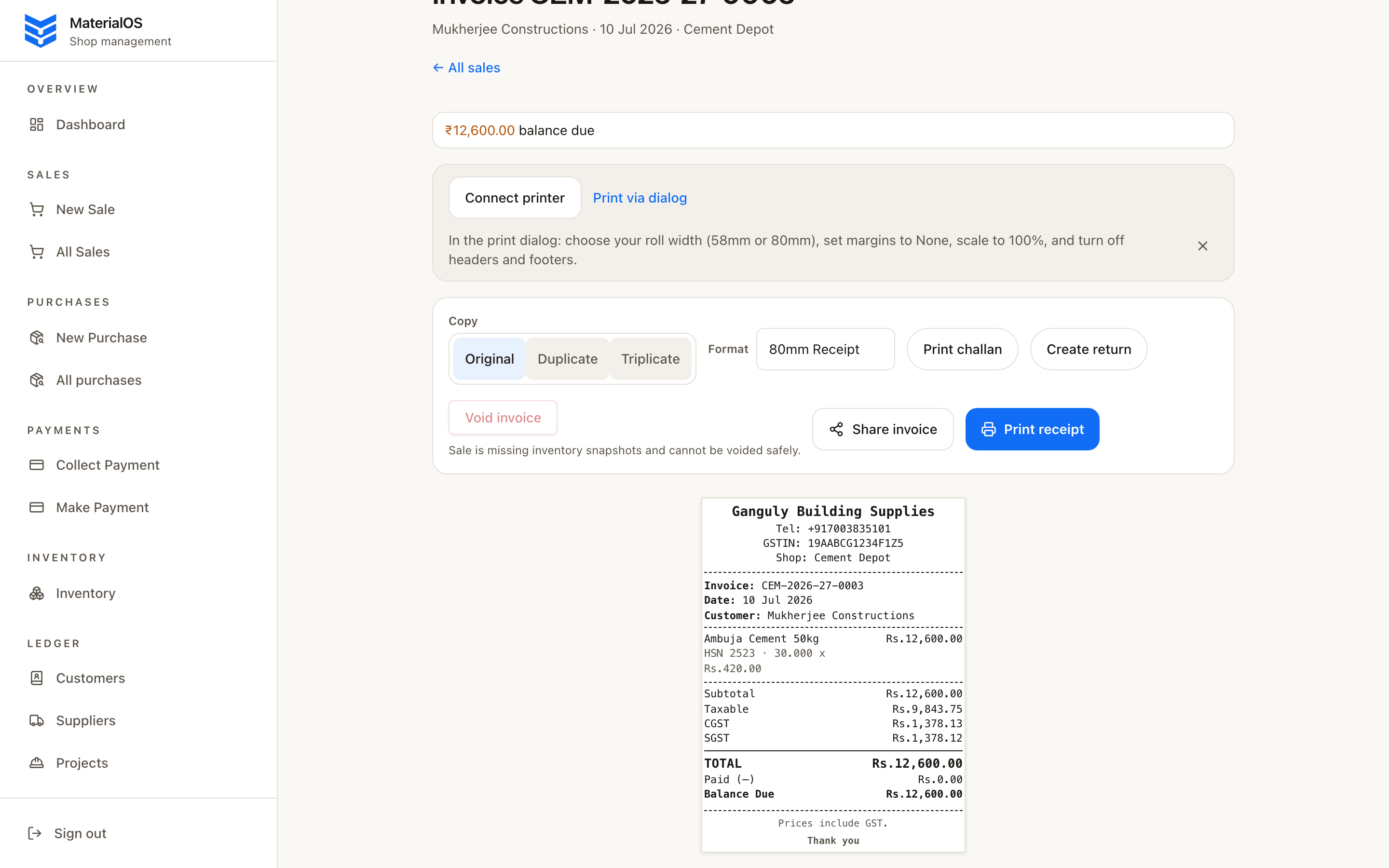 Invoice print screen showing 80mm thermal receipt preview from MaterialOS