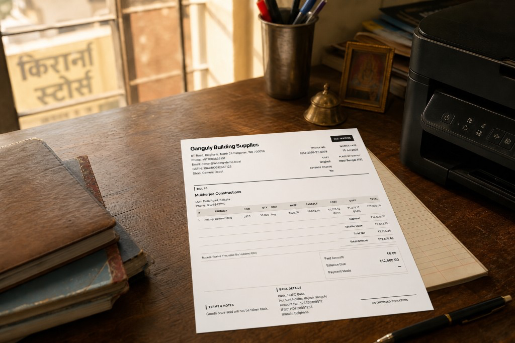 Printed MaterialOS A4 tax invoice for Ganguly Building Supplies on a desk beside a colour printer