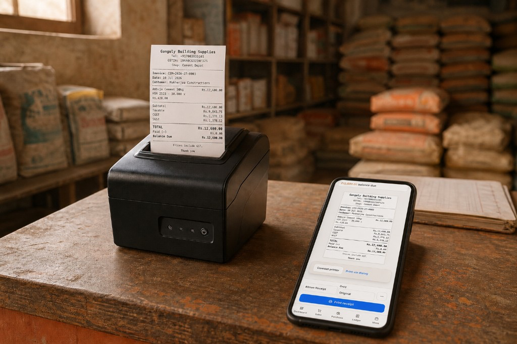 Thermal printer and phone on a shop counter showing a MaterialOS 80mm receipt print for Ganguly Building Supplies