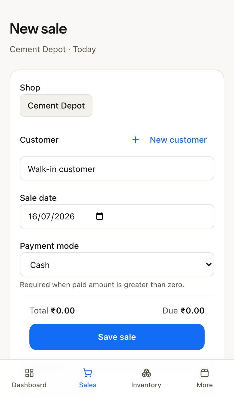 Staff new-sale screen on phone — bill the counter without purchase cost or margins