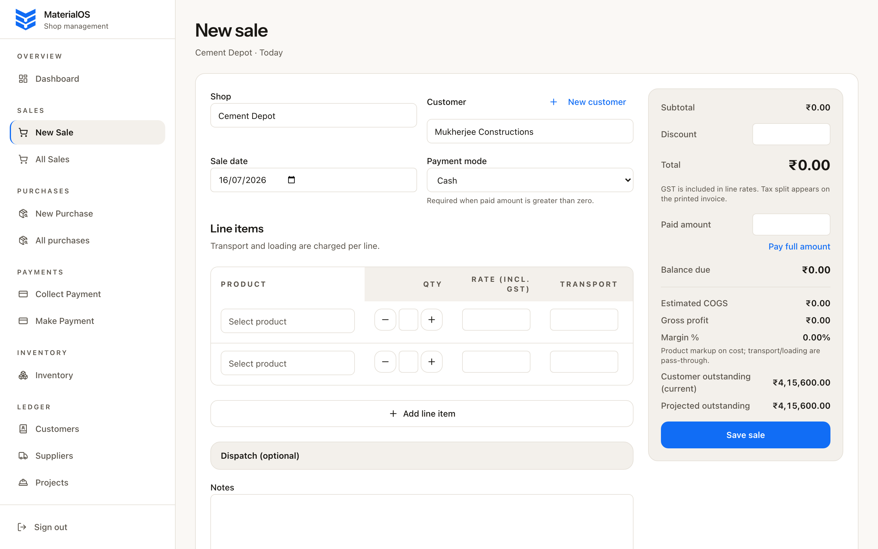 Owner new-sale screen with financial strip and customer credit pressure visible