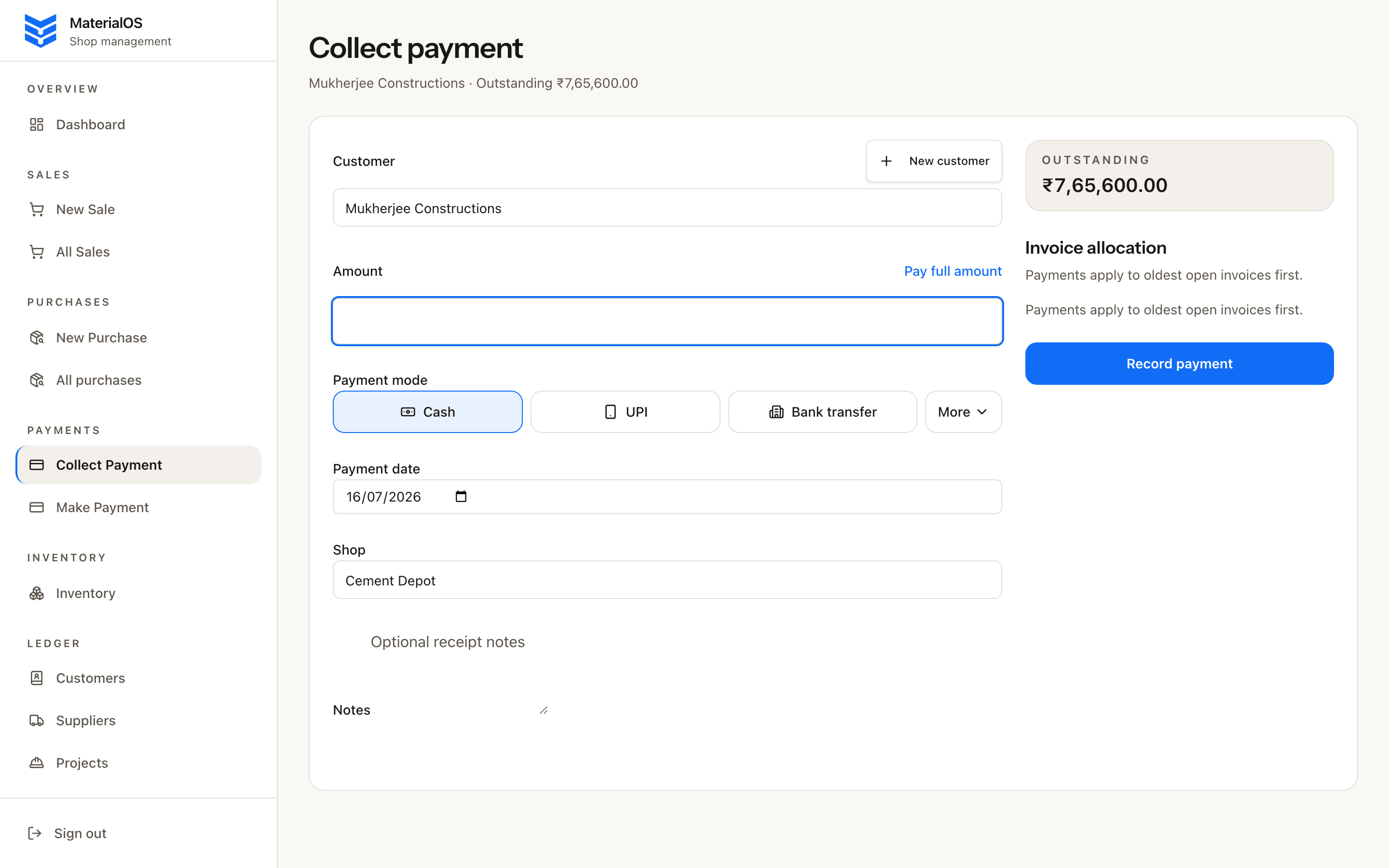 Collect payment screen showing FIFO allocation to open customer invoices